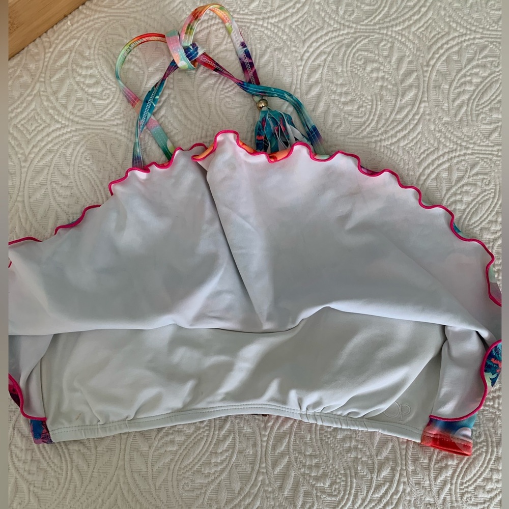 OP Halter Bikini Top Juniors Size M (7-9) Ruffled Removable Pads Tassel Tie - Picture 9 of 14